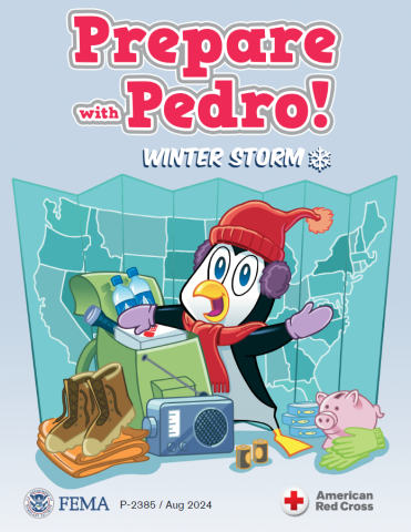 Prepare with Pedro Winter Storm Storybook, Pedro wears a hat, earmuffs, mittens and a scarf.